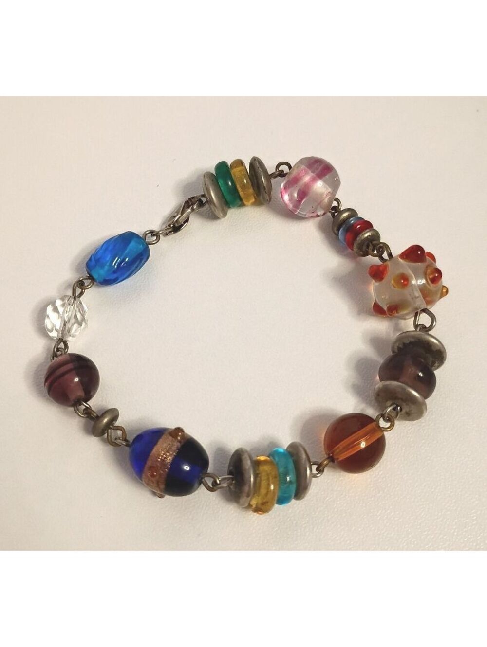 Vintage Glass Bead Bracelet is a Mix of Colors and Shapes on Silver Toned Chain